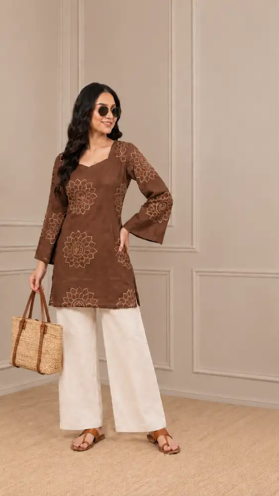 Mustard Bandhani Printed Kurti